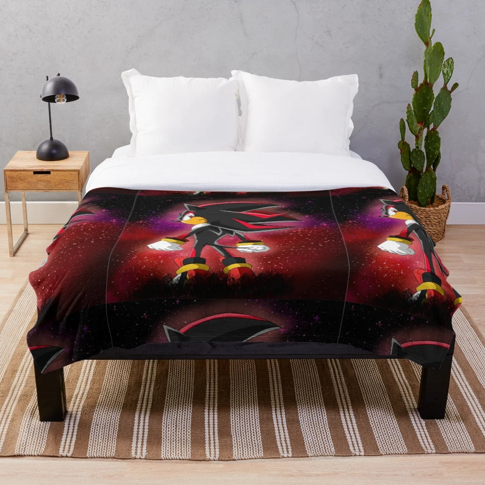 Neon Shadow the Hedgehog plush blanket with rings and gold accents