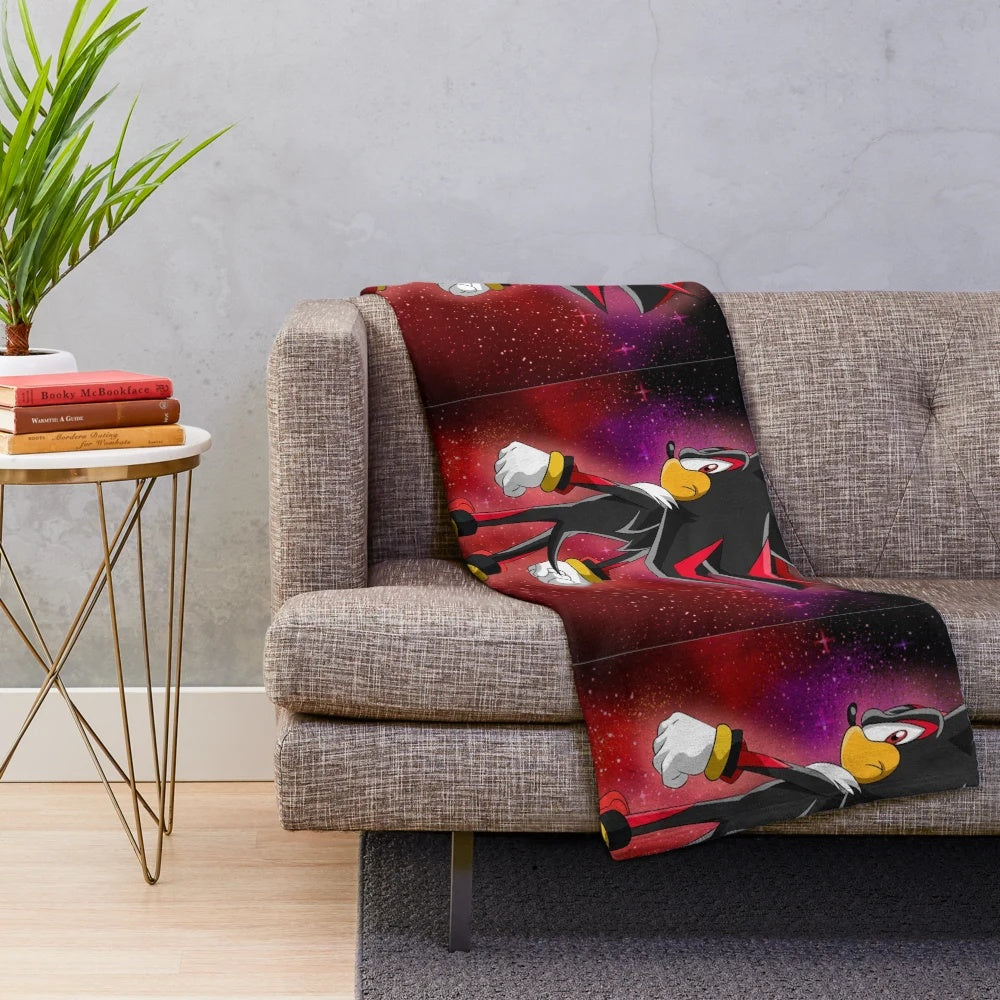 Neon Shadow the Hedgehog plush blanket with rings and gold accents
