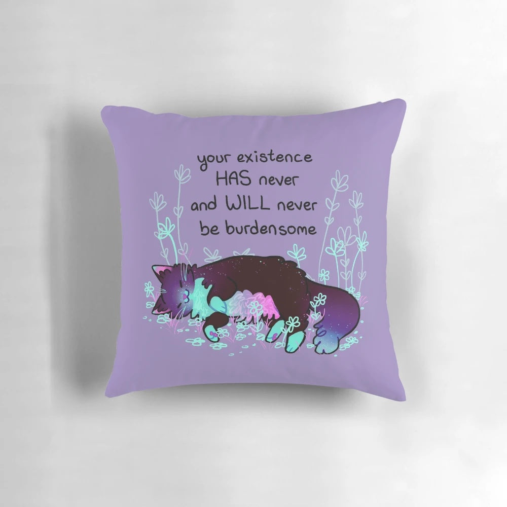 A neon-colored pillow featuring a cute, sleepy cat design for promoting mental wellness and self-acceptance.