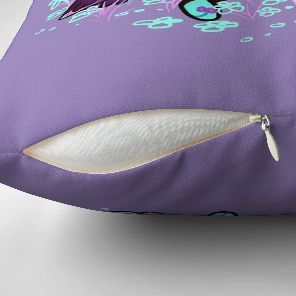 A neon-colored pillow featuring a cute, sleepy cat design for promoting mental wellness and self-acceptance.