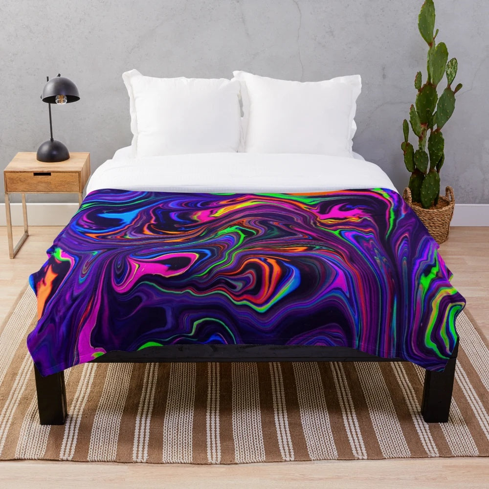 Neon space waves plush blanket with trippy, psychedelic design