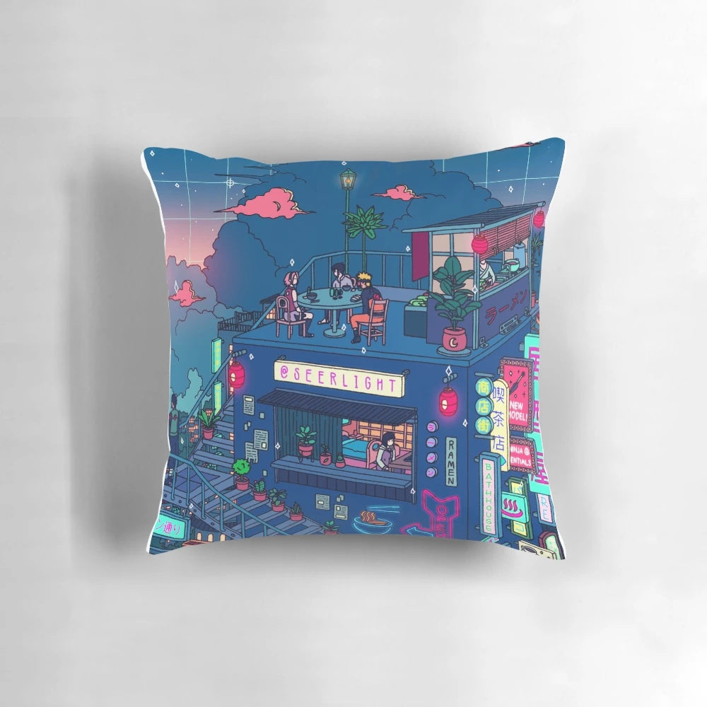 Neon Village Seerlight Pillow, a surreal and aesthetic home decor item featuring anime-inspired designs and a cyberpunk vaporwave style.