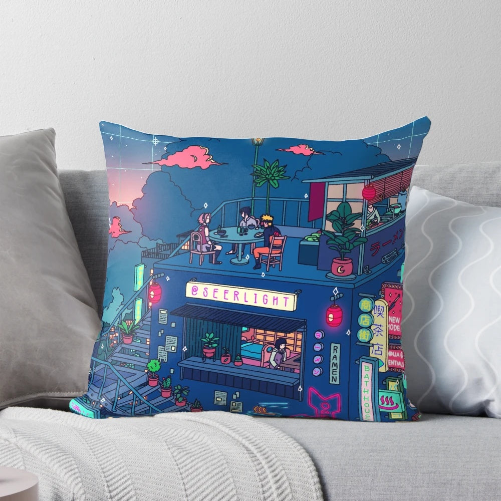 Neon Village Seerlight Pillow, a surreal and aesthetic home decor item featuring anime-inspired designs and a cyberpunk vaporwave style.