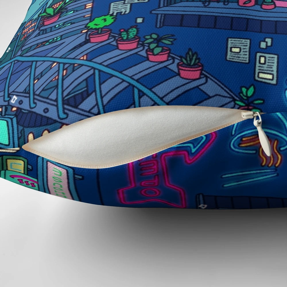 Neon Village Seerlight Pillow, a surreal and aesthetic home decor item featuring anime-inspired designs and a cyberpunk vaporwave style.
