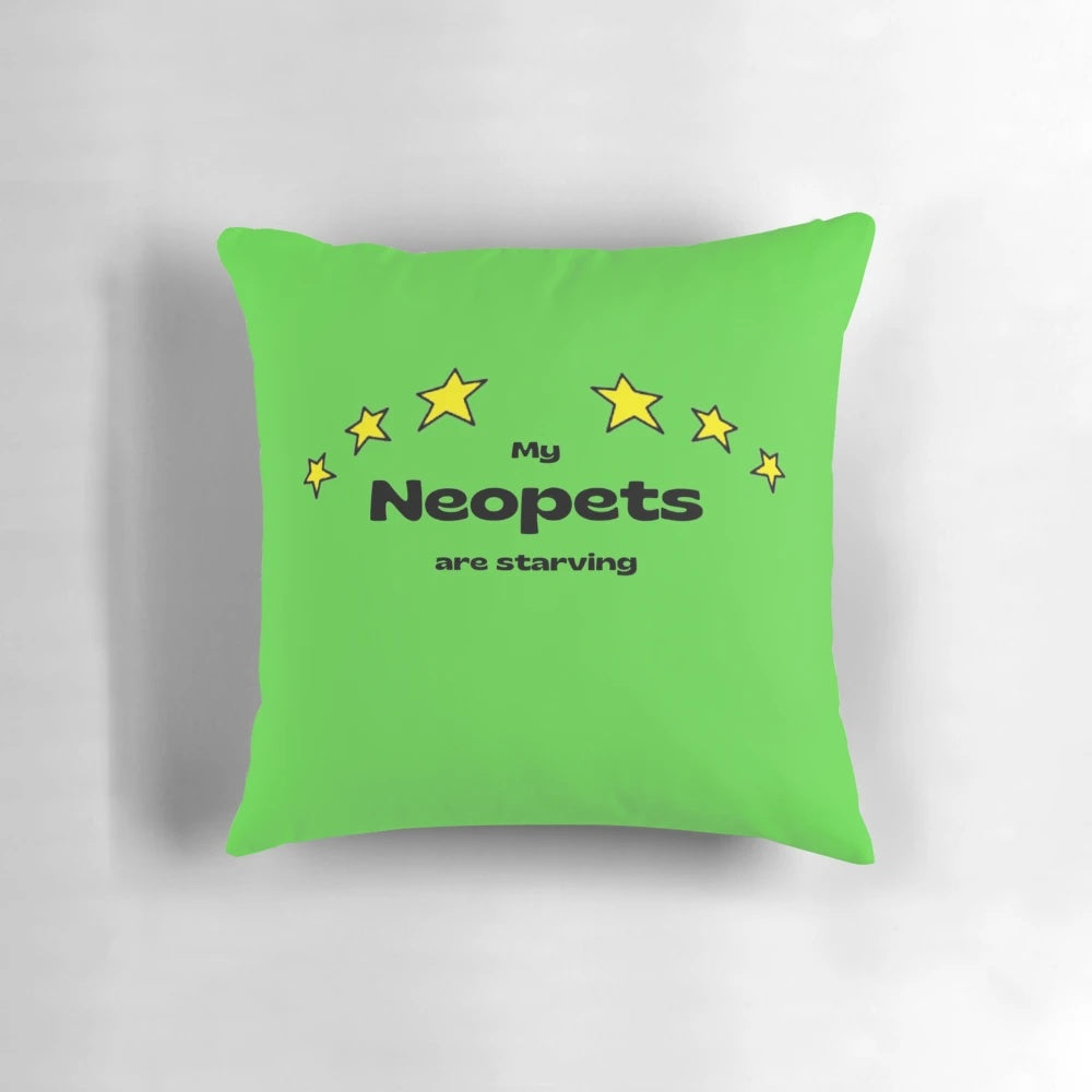 A decorative throw pillow featuring a humorous Neopets-inspired design