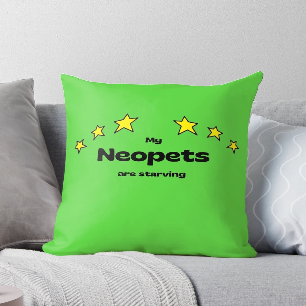 A decorative throw pillow featuring a humorous Neopets-inspired design