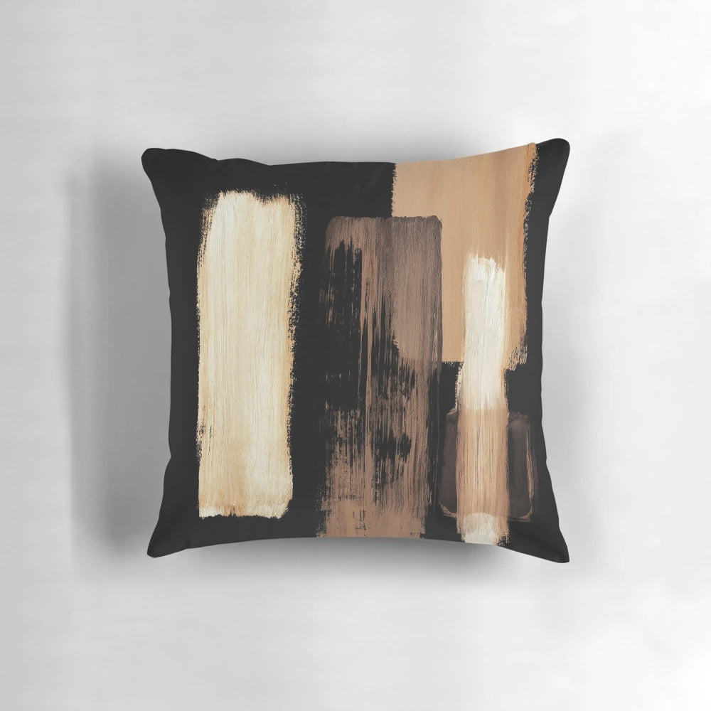 Neutral abstract art pillow in shades of brown, black, and neutral colors, inspired by an original painting