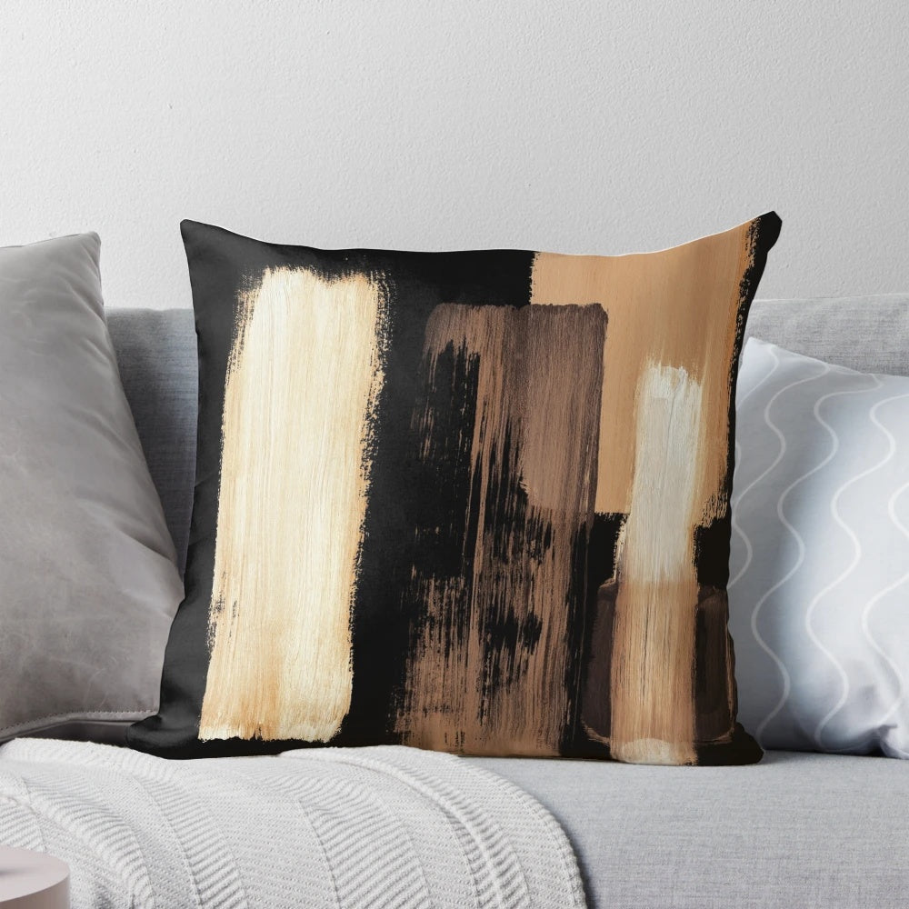 Neutral abstract art pillow in shades of brown, black, and neutral colors, inspired by an original painting