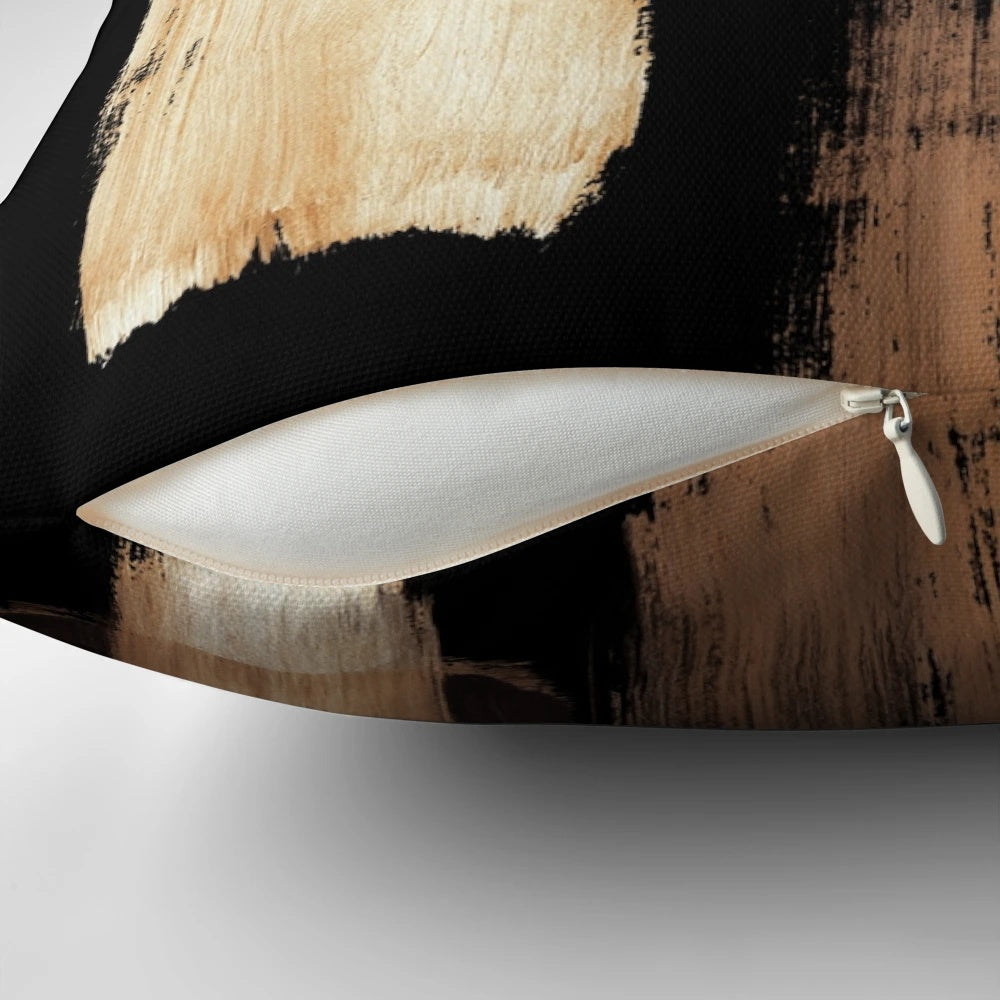 Neutral abstract art pillow in shades of brown, black, and neutral colors, inspired by an original painting