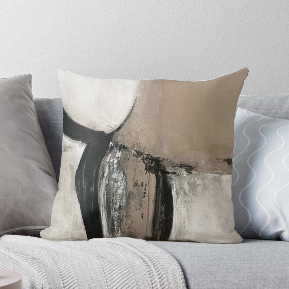 Neutral abstract artwork inspired decorative pillow for modern, minimalist living rooms and urban loft spaces.
