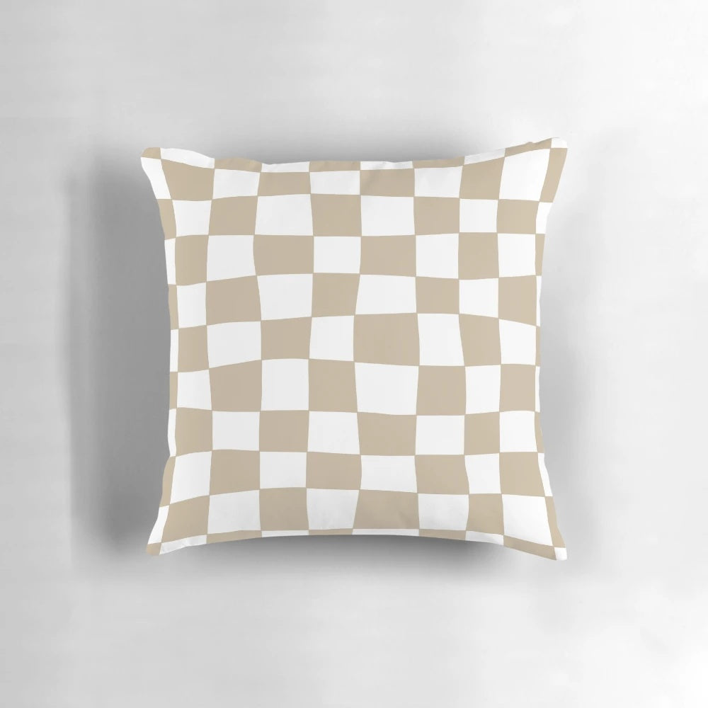 Neutral hand-drawn checkerboard pattern pillow for cozy, farmhouse-style home decor