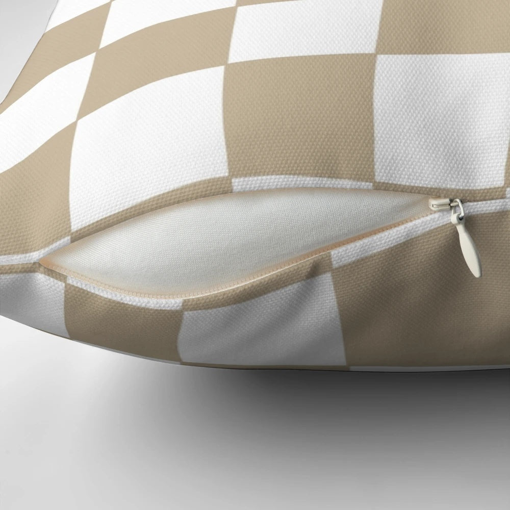 Neutral hand-drawn checkerboard pattern pillow for cozy, farmhouse-style home decor