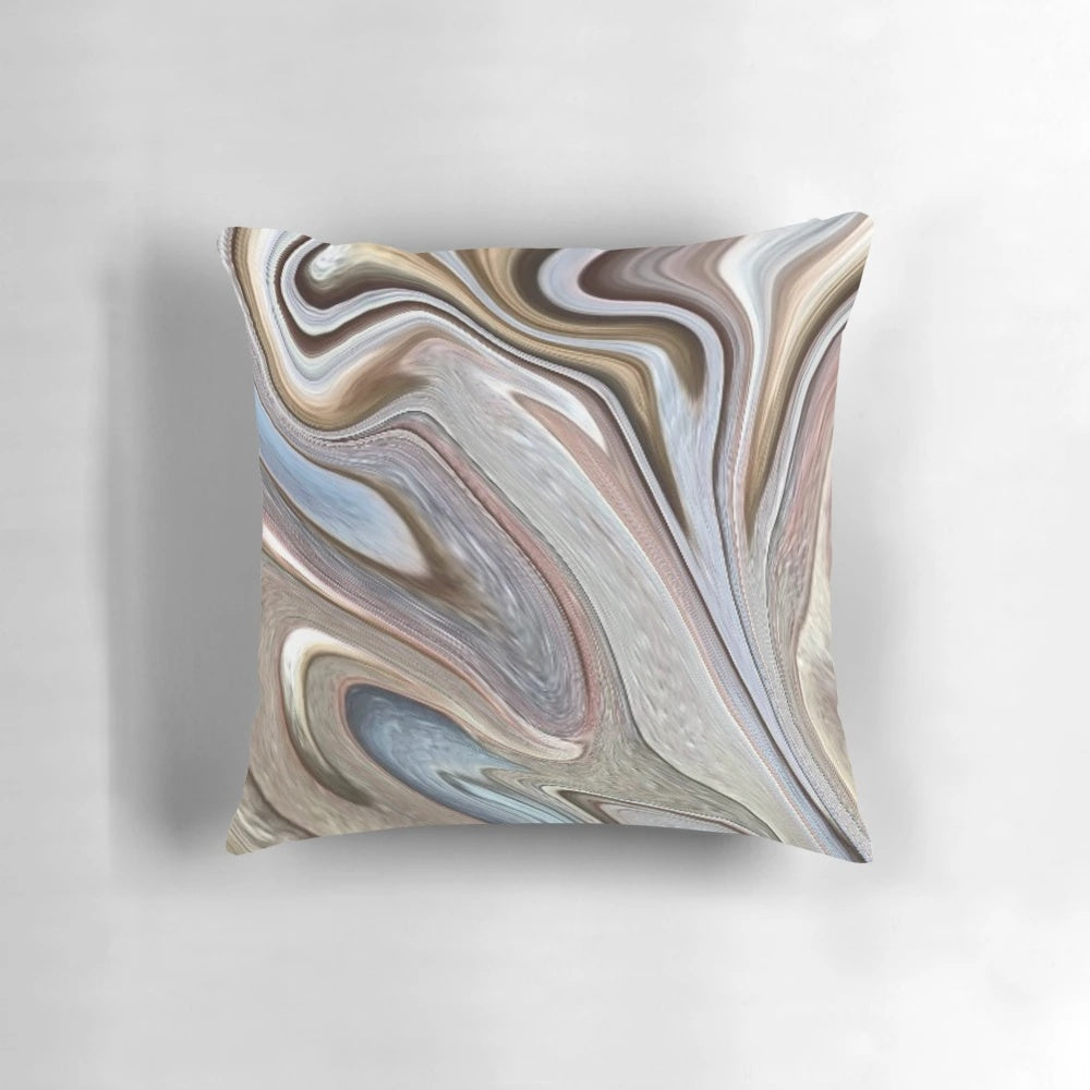 Neutral-colored pillow with abstract marble swirl pattern in shades of brown, tan, and grey, perfect for mid-century modern and boho-chic home decor.