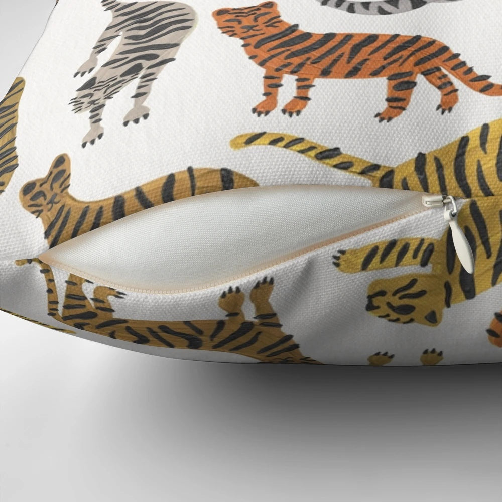 A neutral-toned pillow featuring a vibrant tiger design, perfect for jungle and safari-inspired home decor.
