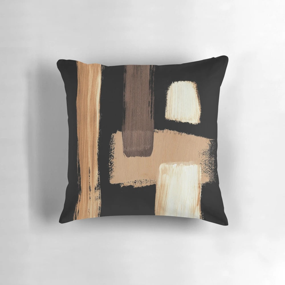 Neutral Tones Abstract Pillow by Semelart, featuring a contemporary abstract design in black, beige, and neutral colors