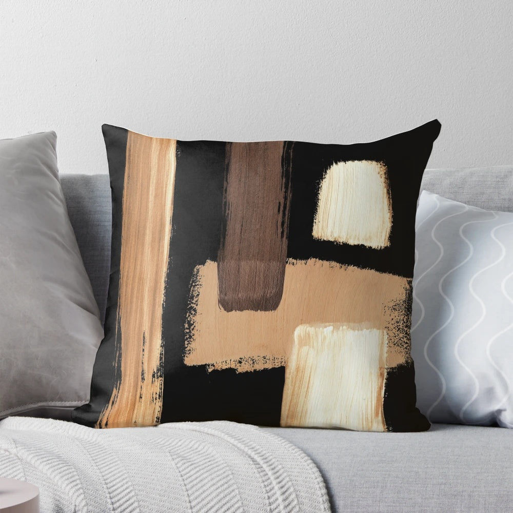 Neutral Tones Abstract Pillow by Semelart, featuring a contemporary abstract design in black, beige, and neutral colors