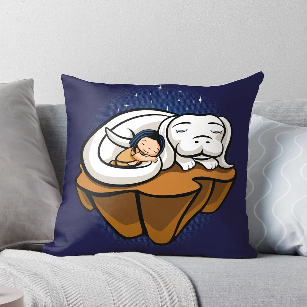 A colorful pillow featuring characters from the beloved fantasy film "The Neverending Story