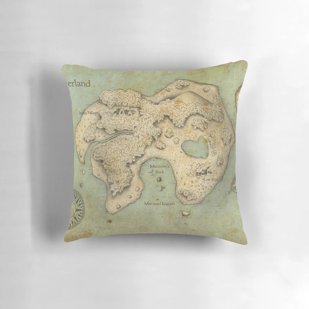 Vibrant Neverland map printed on a soft, plush pillow for a storybook-inspired nursery or child's room.