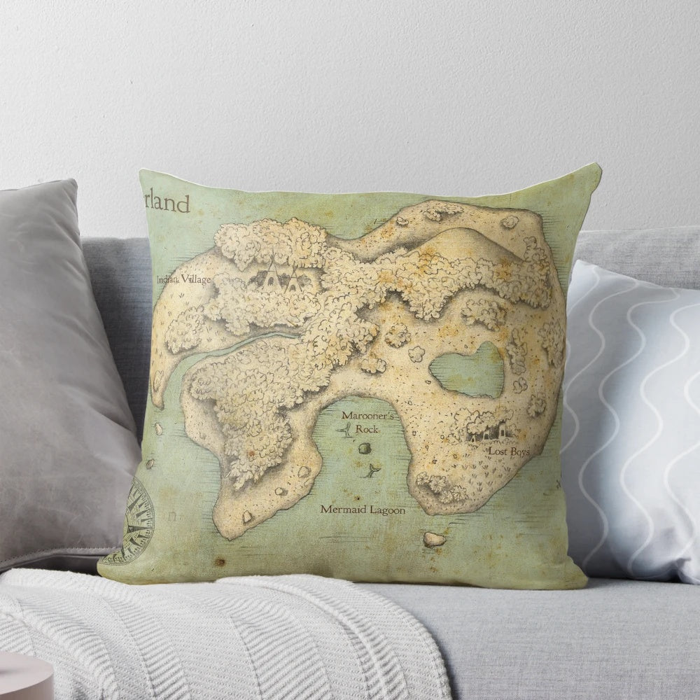 Vibrant Neverland map printed on a soft, plush pillow for a storybook-inspired nursery or child's room.