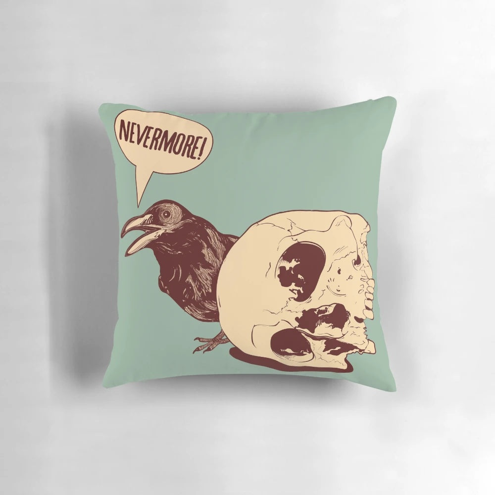 Nevermore Pillow featuring a gothic raven design, inspired by the works of Edgar Allan Poe
