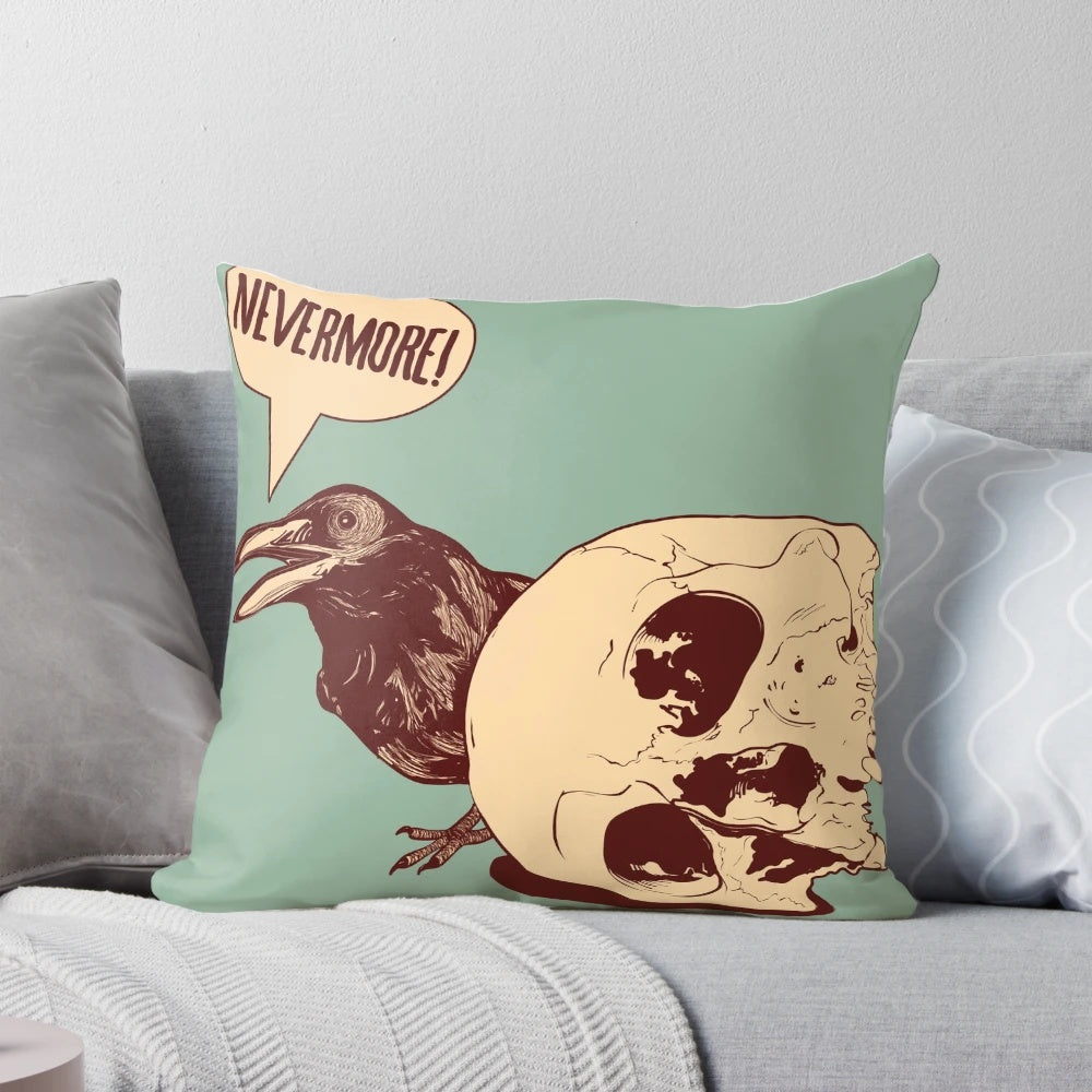 Nevermore Pillow featuring a gothic raven design, inspired by the works of Edgar Allan Poe