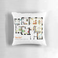 Detailed floorplan illustration of the iconic New Girl loft apartment printed on a high-quality throw pillow