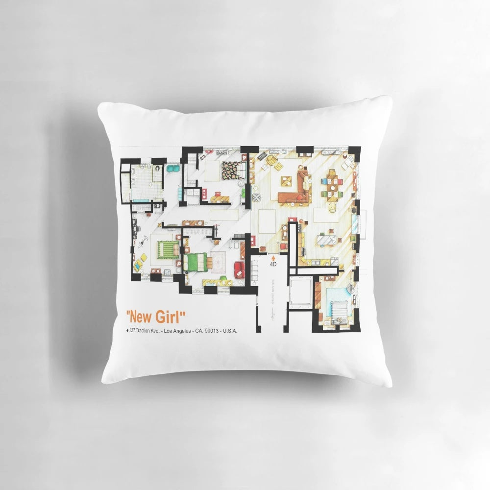 Detailed floorplan illustration of the iconic New Girl loft apartment printed on a high-quality throw pillow