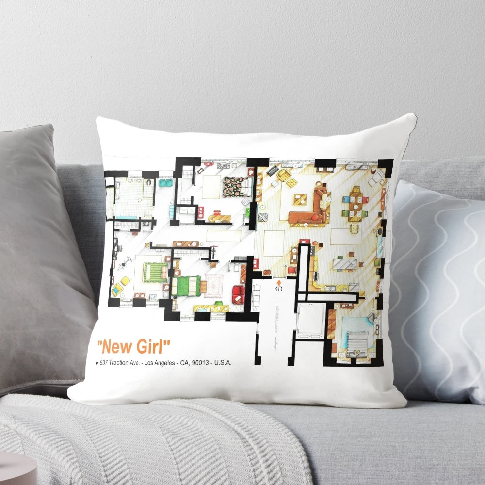 Detailed floorplan illustration of the iconic New Girl loft apartment printed on a high-quality throw pillow