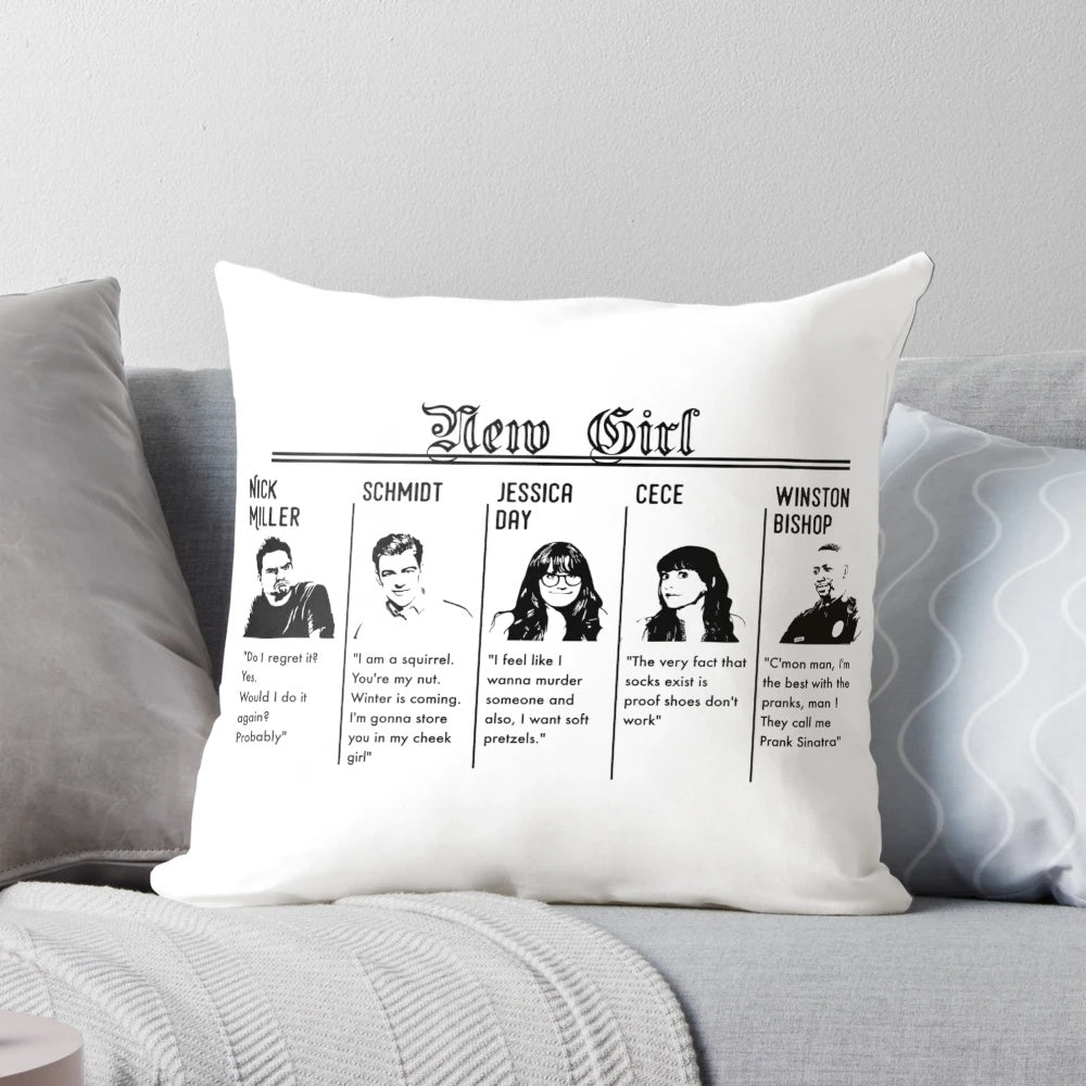 New Girl Themed Decorative Pillow with Silhouettes of Main Characters