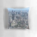 New York City skyline decorative pillow featuring high-rise buildings and concrete structures