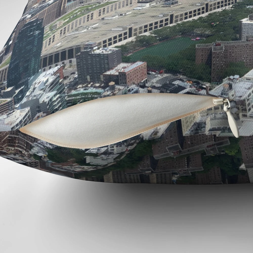New York City skyline decorative pillow featuring high-rise buildings and concrete structures