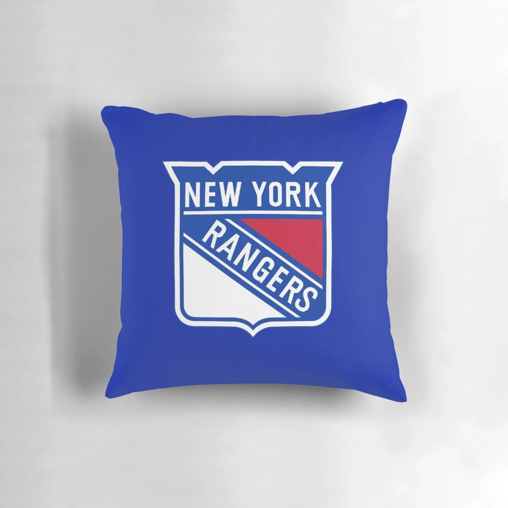 New York Rangers hockey logo printed on a plush, soft pillow for hockey fans