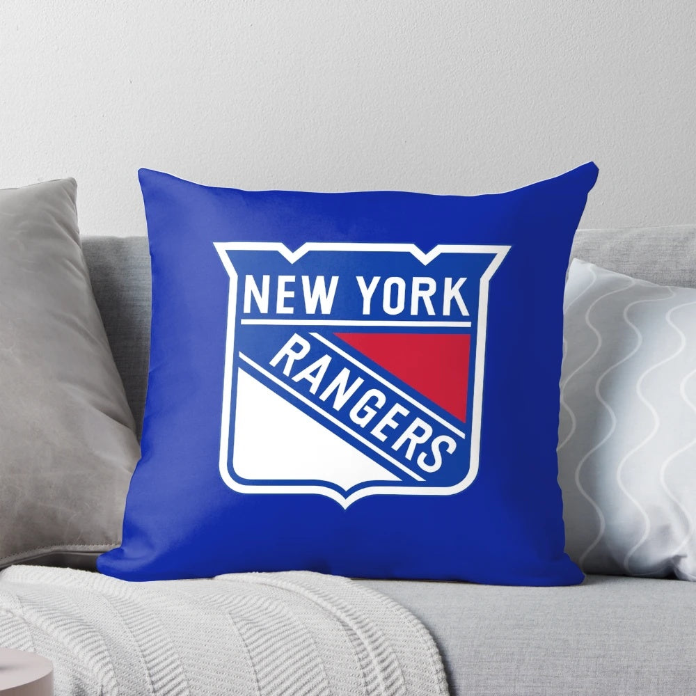 New York Rangers hockey logo printed on a plush, soft pillow for hockey fans