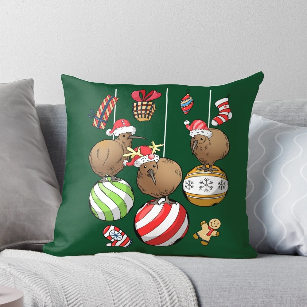 A cozy Christmas pillow featuring a New Zealand kiwi bird design