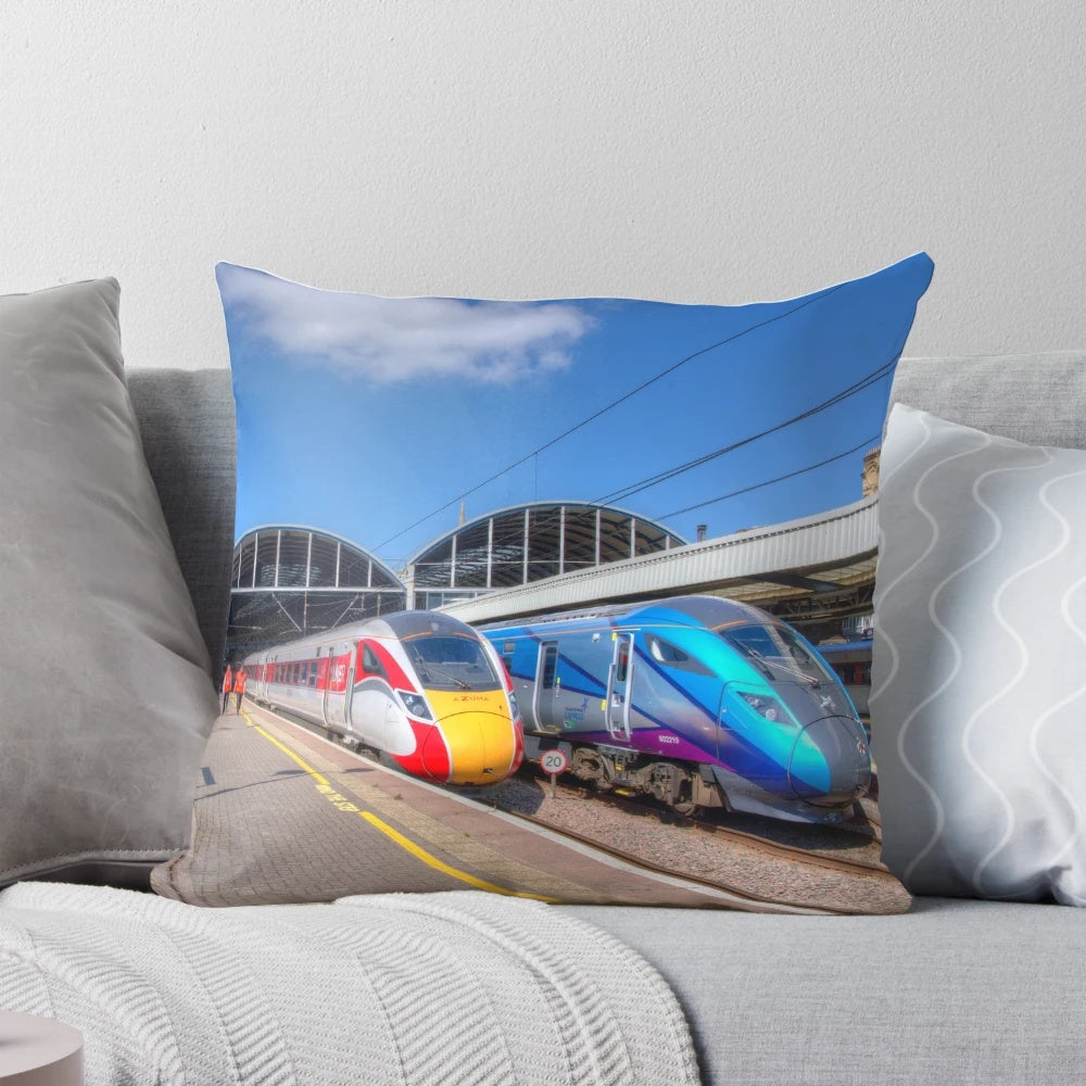 A high-quality pillow featuring a stunning HDR image of the Newcastle train station with a modern LNER Intercity Express train.