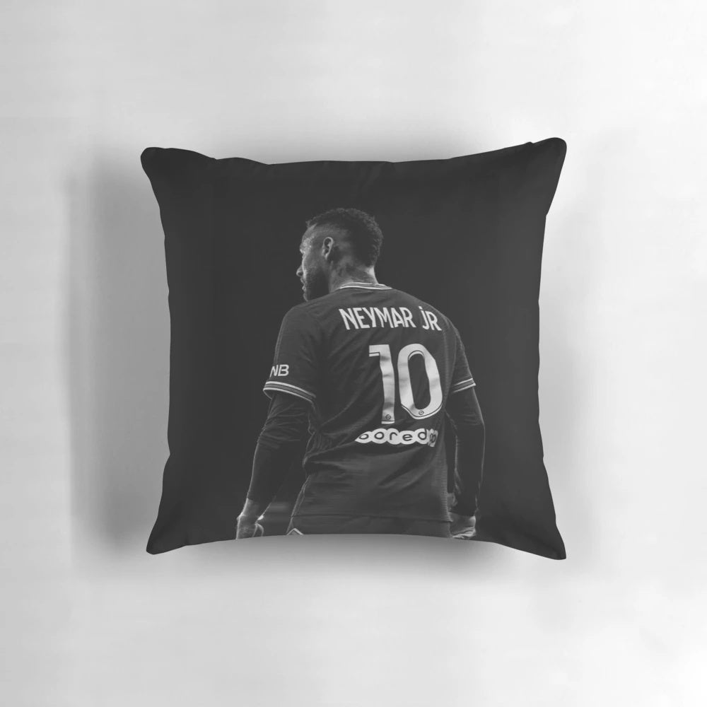 Vibrant throw pillow featuring a watercolor illustration of Brazilian football superstar Neymar Jr.