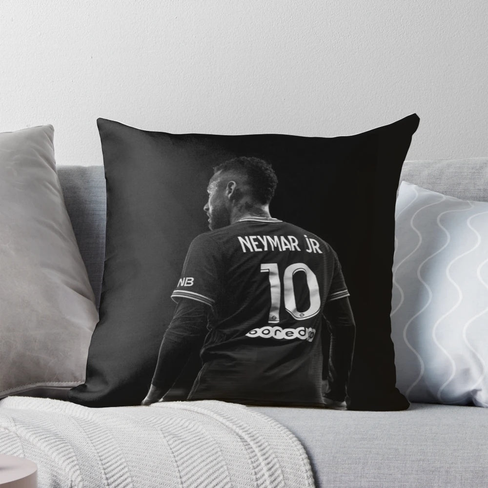 Vibrant throw pillow featuring a watercolor illustration of Brazilian football superstar Neymar Jr.