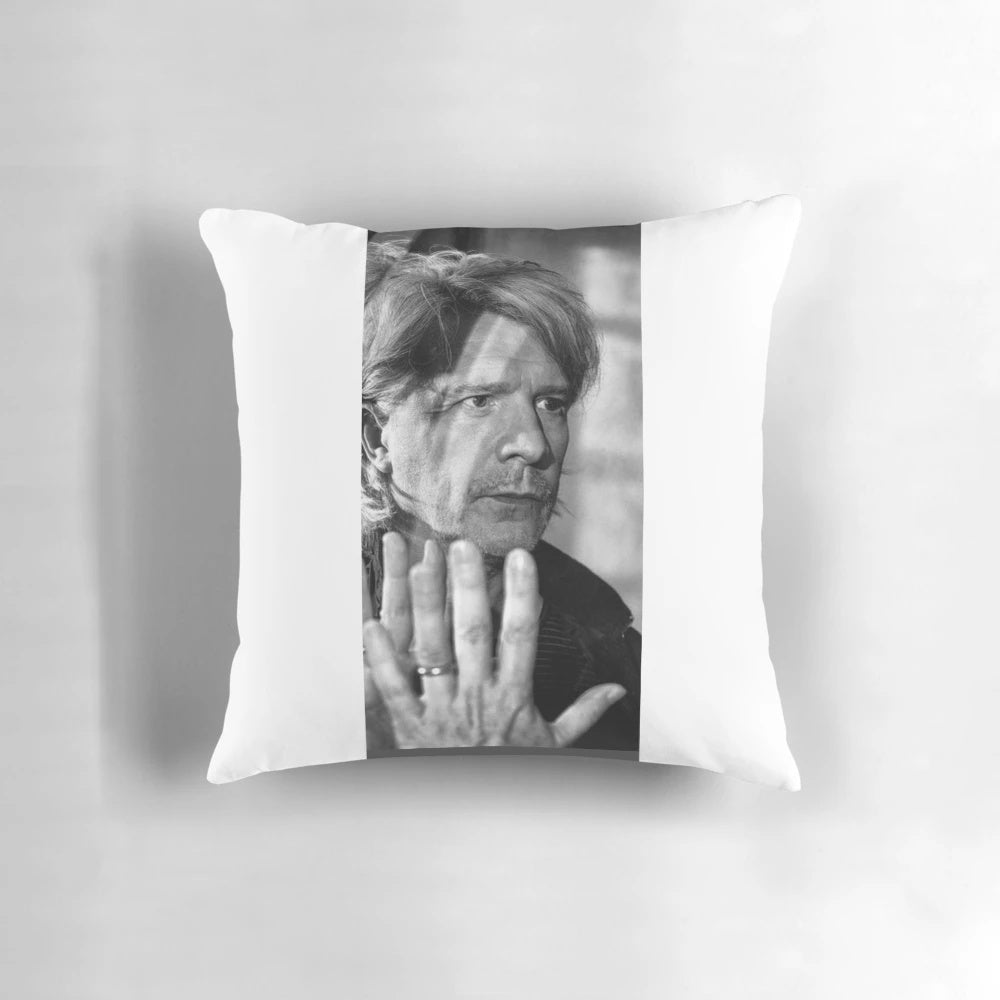 Nicola Sirkis' Indochina 40 black and white portrait photograph printed on a decorative pillow