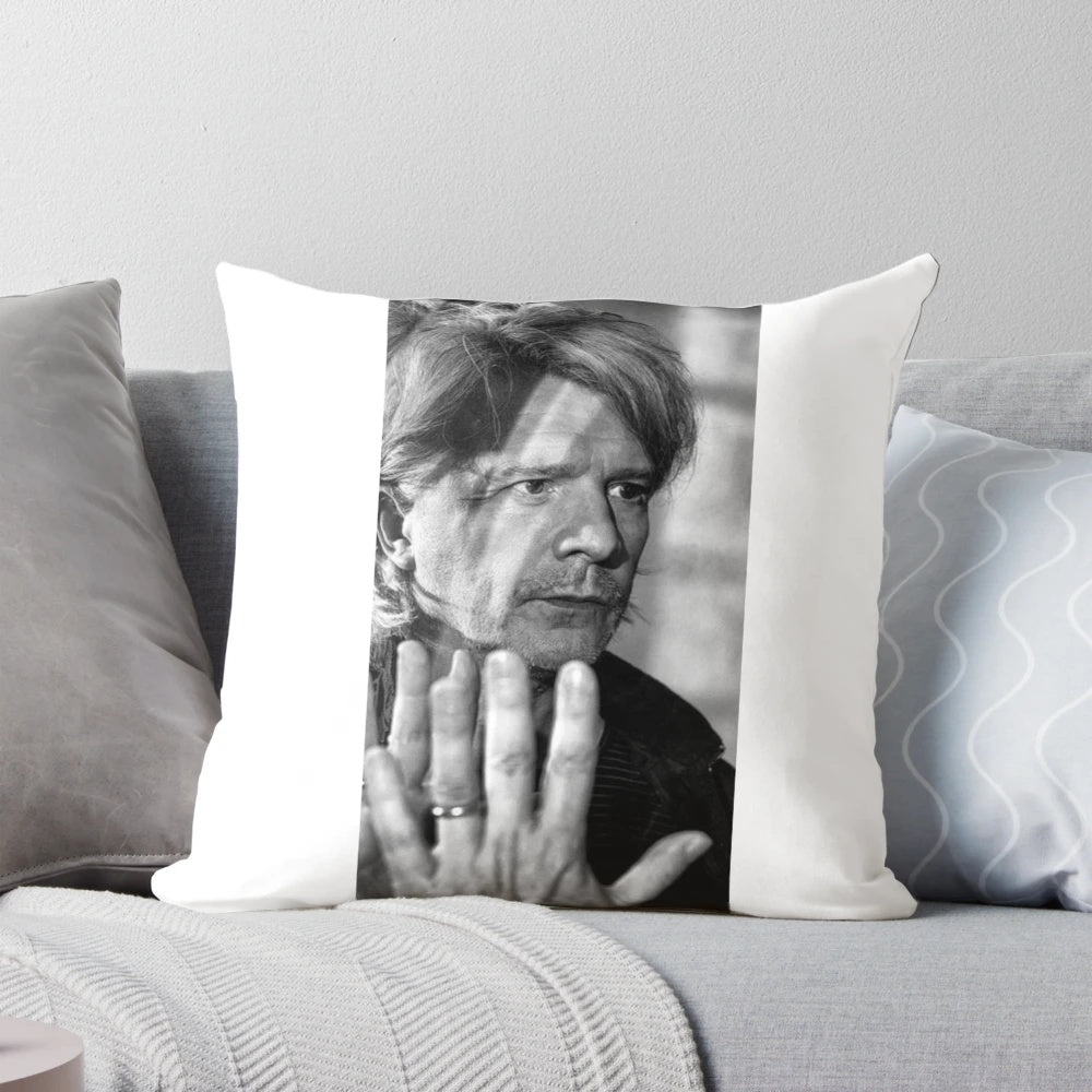 Nicola Sirkis' Indochina 40 black and white portrait photograph printed on a decorative pillow