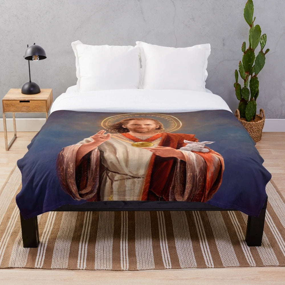 Nicolas Cage inspired religious art plush blanket featuring the iconic actor