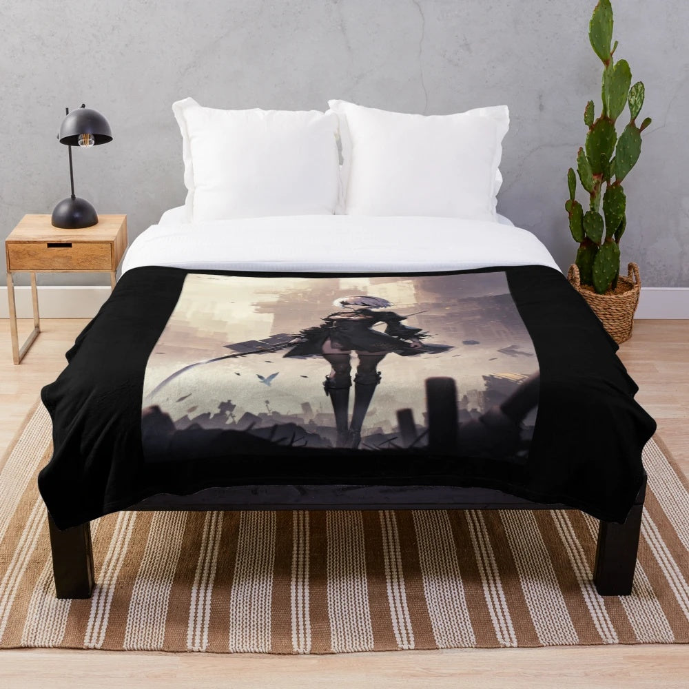 Nier Automata inspired plush blanket featuring iconic characters and artwork