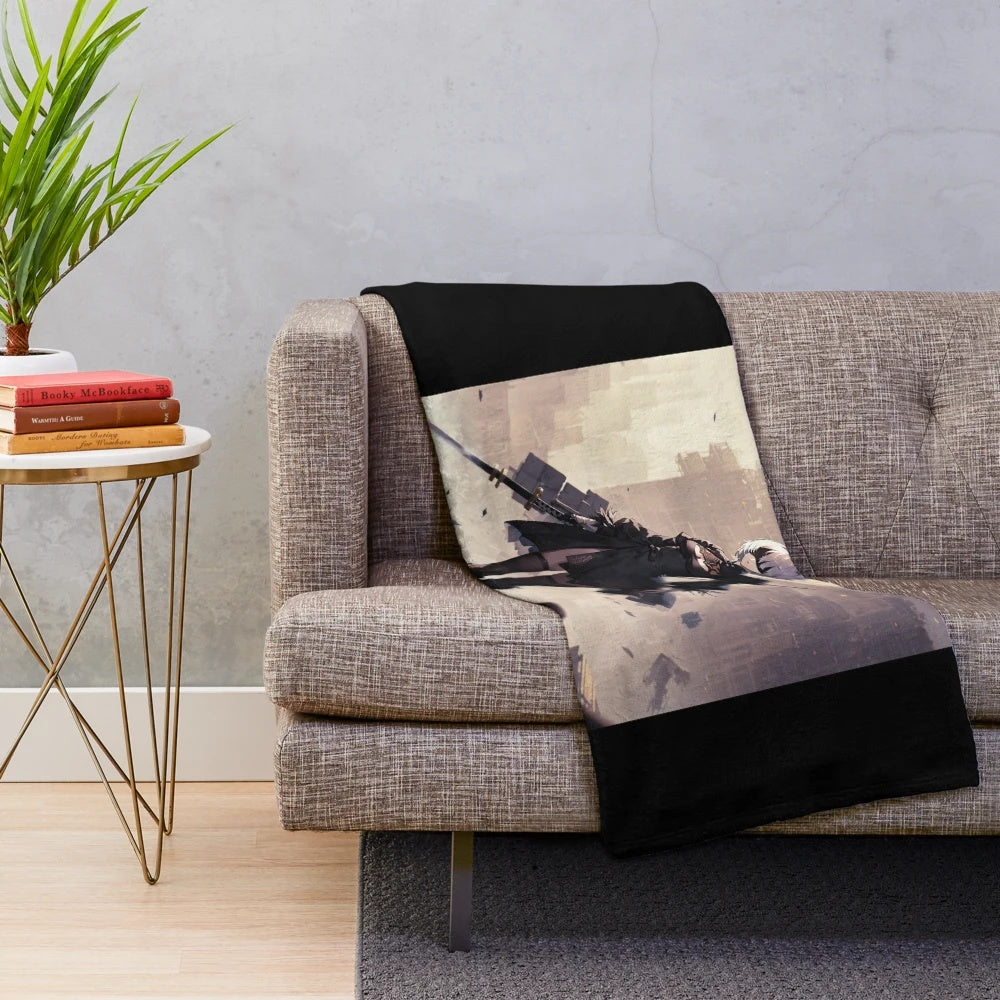 Nier Automata inspired plush blanket featuring iconic characters and artwork