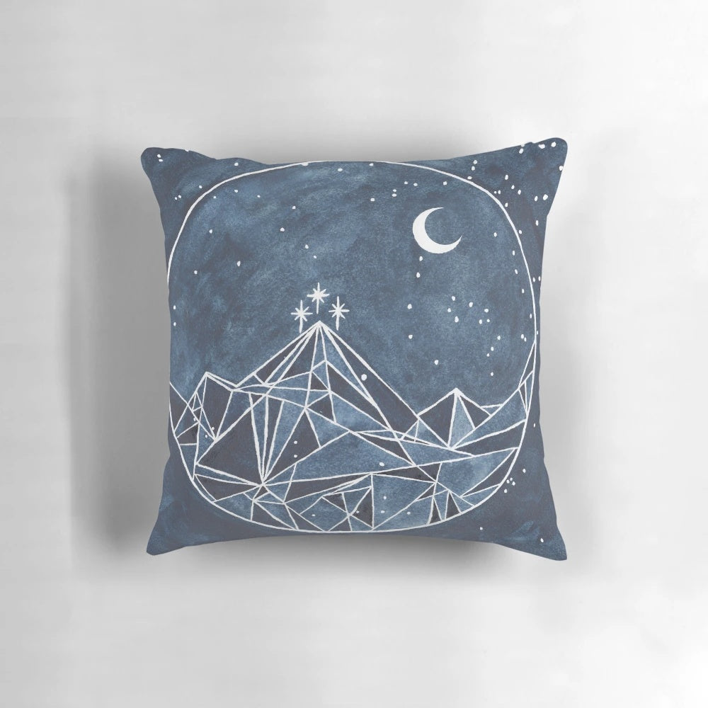 Night Court moon and stars watercolor design throw pillow with geometric patterns
