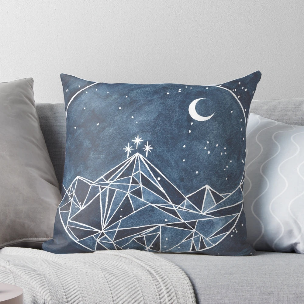 Night Court moon and stars watercolor design throw pillow with geometric patterns
