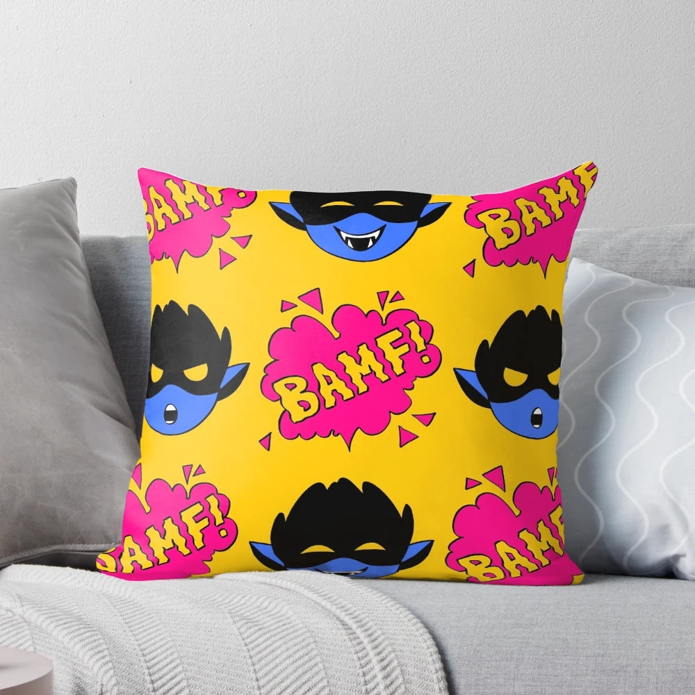 Nightcrawler BAMFS pattern decorative throw pillow featuring the iconic teleportation effect from Marvel's X-Men comics
