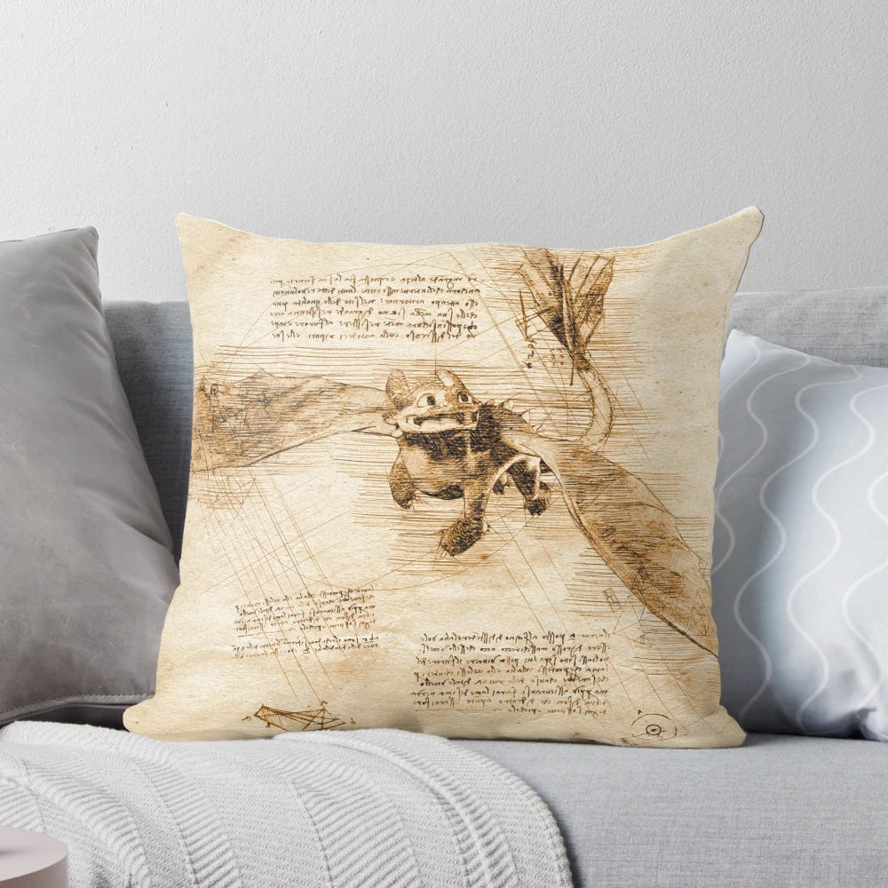 Nightfury - Da Vinci style Pillow featuring a sketch-like illustration of the iconic dragon from How to Train Your Dragon