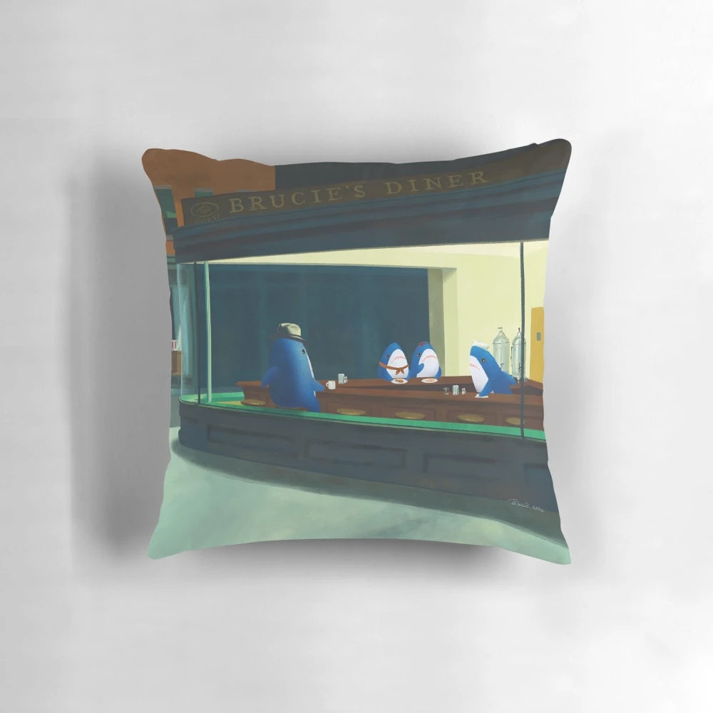Nighthawks-inspired pillow featuring a soft, cuddly IKEA BLAHAJ shark plush