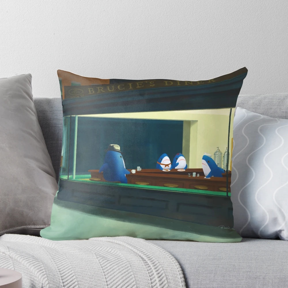 Nighthawks-inspired pillow featuring a soft, cuddly IKEA BLAHAJ shark plush