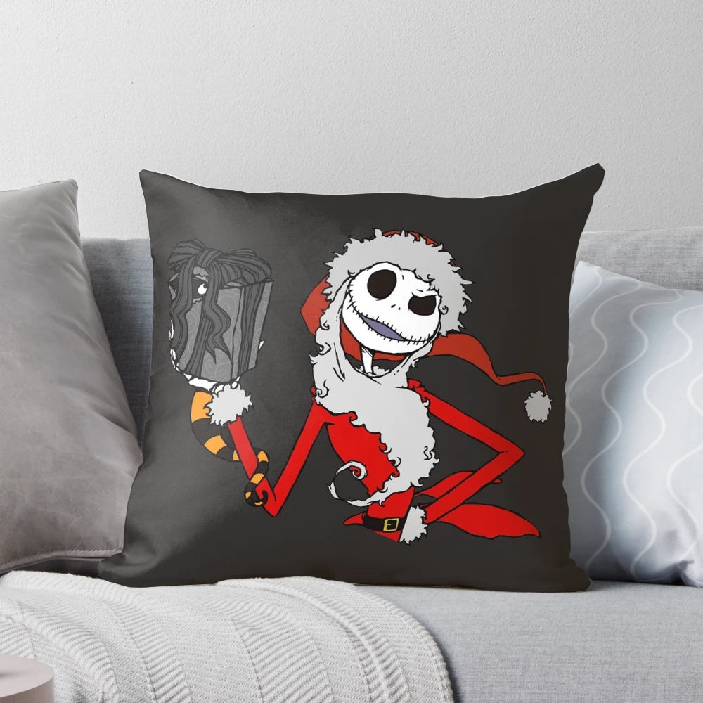 Nightmare Before Christmas-themed throw pillow with festive snow and characters