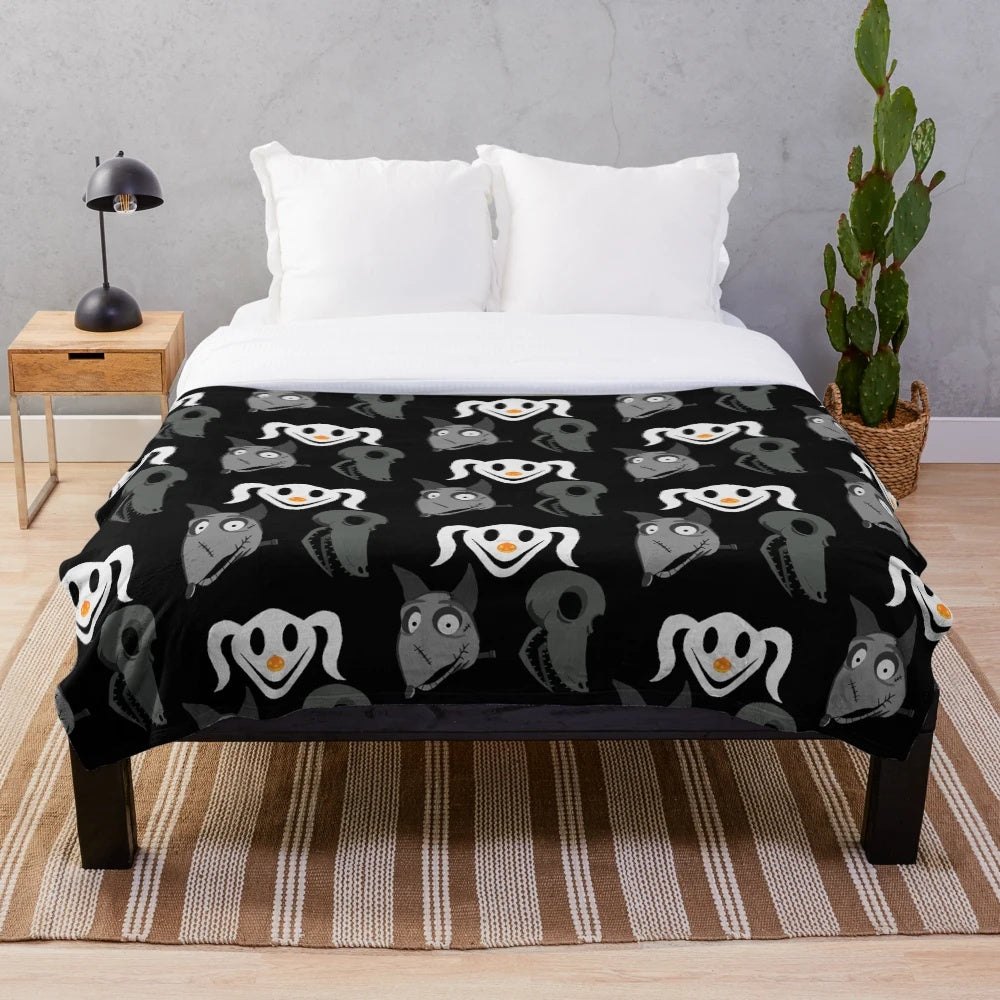 Nightmare Before Christmas themed dog plush blanket with characters Zero, Sparky, and Scraps